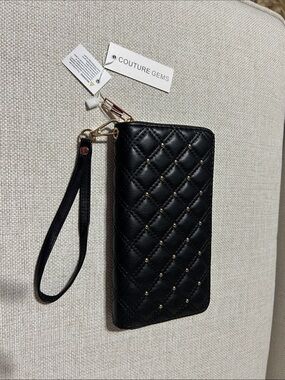 NWT Couture Gems Quilted Black Wristlet Wallet/Phone Case